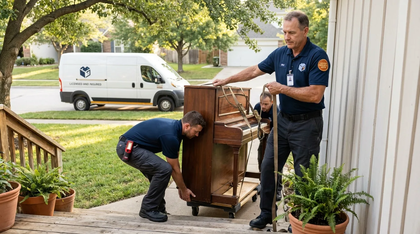 Licensed piano movers securing grand piano in Santa Monica, CA