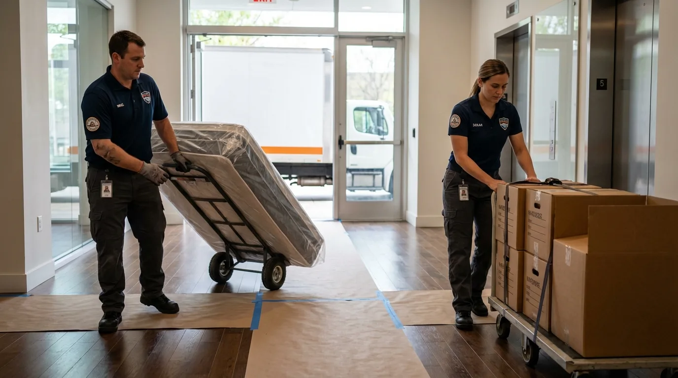 Professional apartment movers loading elevator in Santa Monica, CA