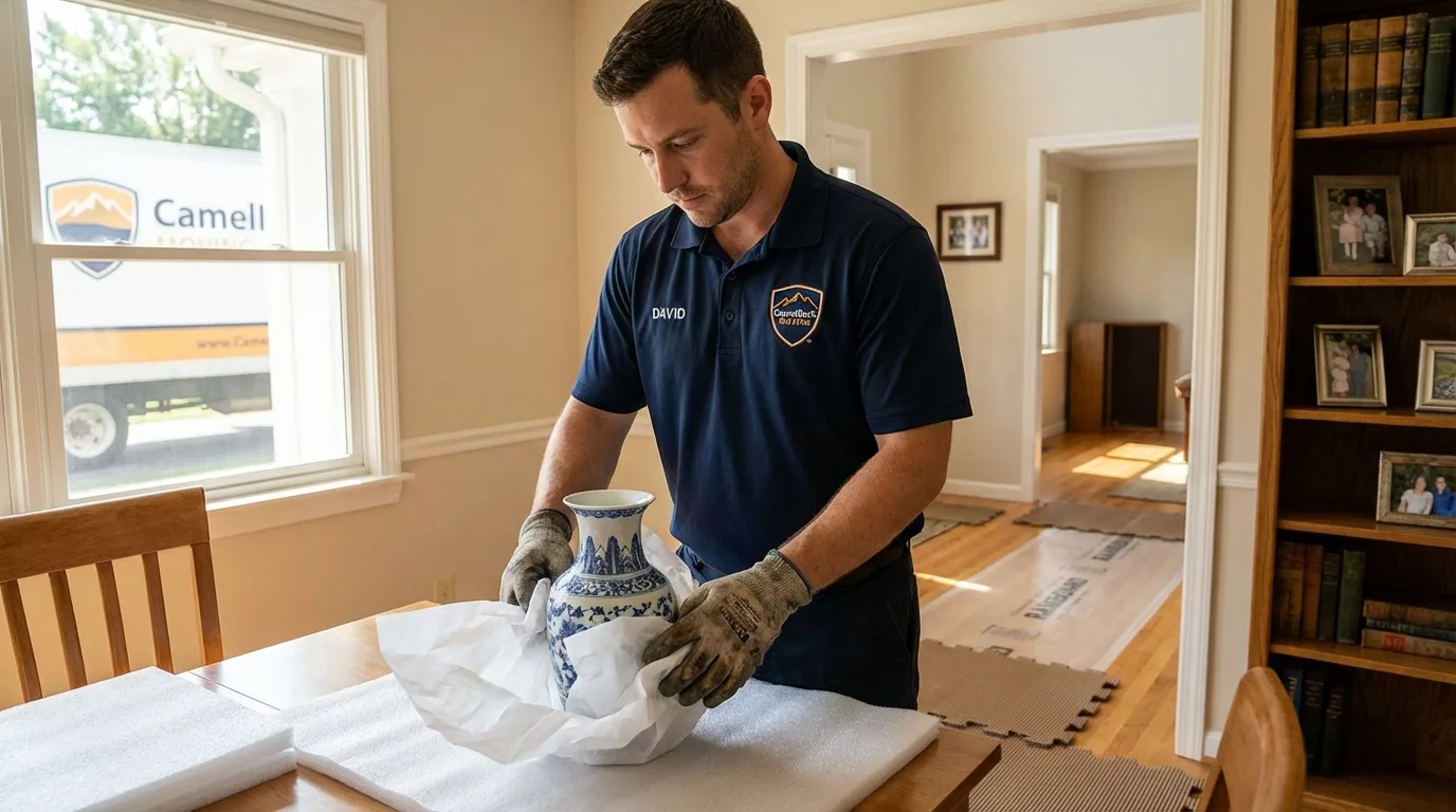 Professional crew carefully wrapping antique vase for senior downsizing move in Santa Monica, CA